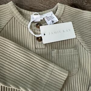 NWT Jamie Kay Boys 2 Cotton Wide Rib Long Sleeve Leo Bodysuit Sage Green
